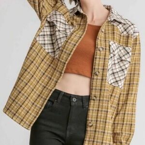 Umgee Women’s Lg. Plaid Patchwork Button Down Shirt Mustard Brown White Flannel